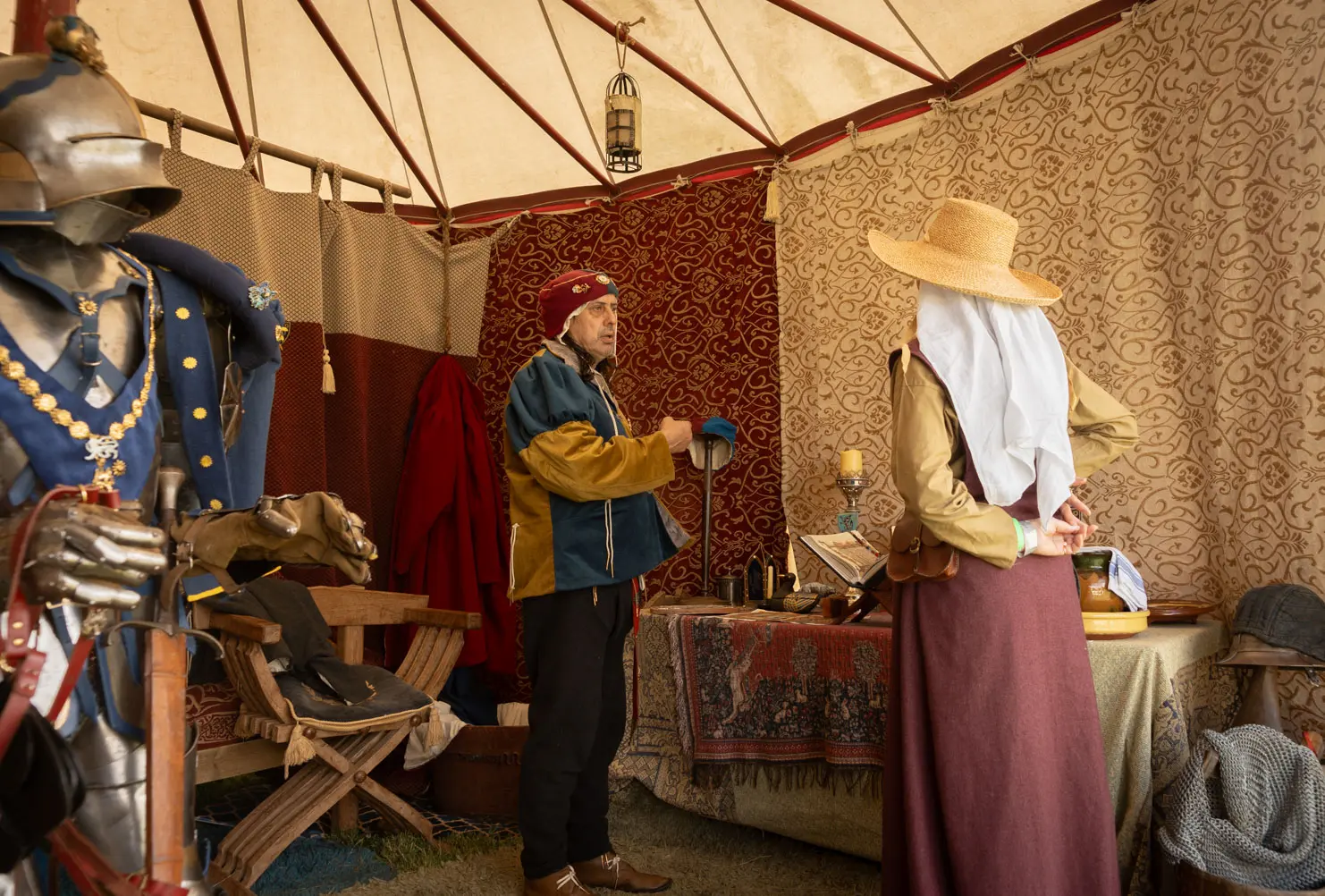 Jon Dunne and peasant woman in a medieval tent