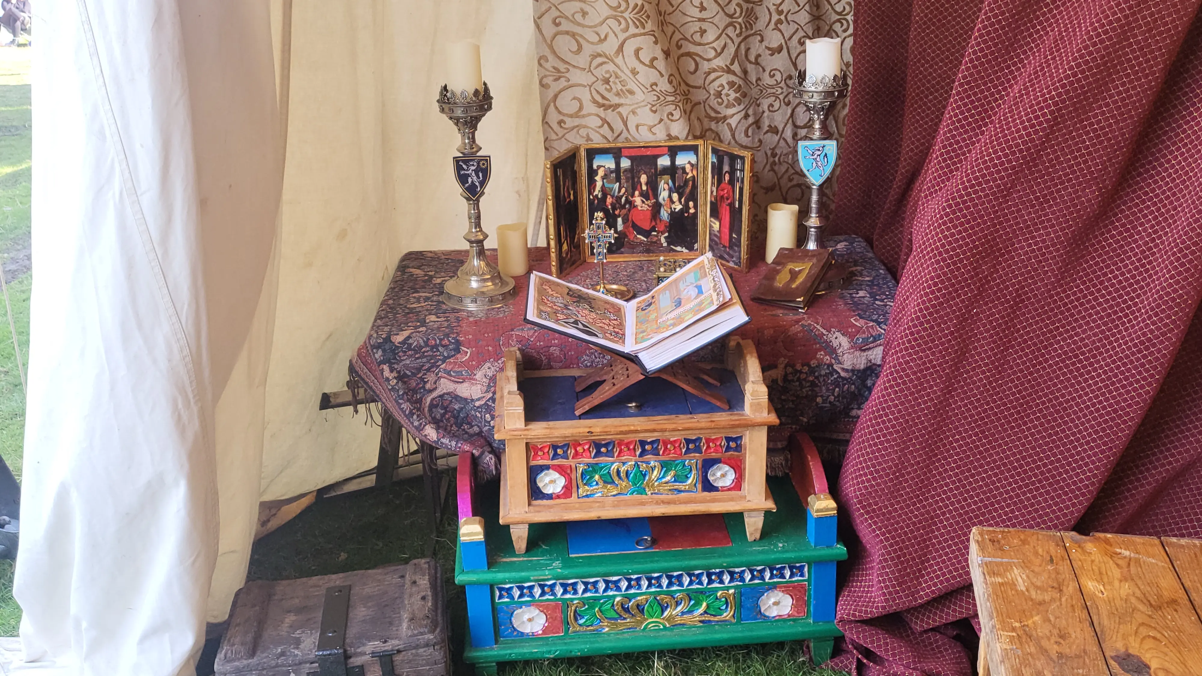 A small altar and painted wooden chests